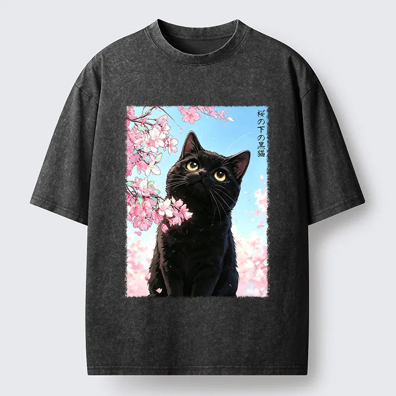 Kyoto-Lion Japanese Sakura Black Cat Washed T-Shirt