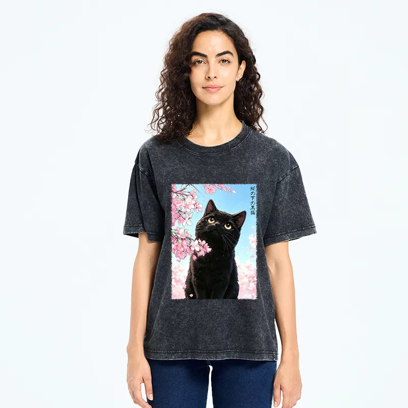 Kyoto-Lion Japanese Sakura Black Cat Washed T-Shirt