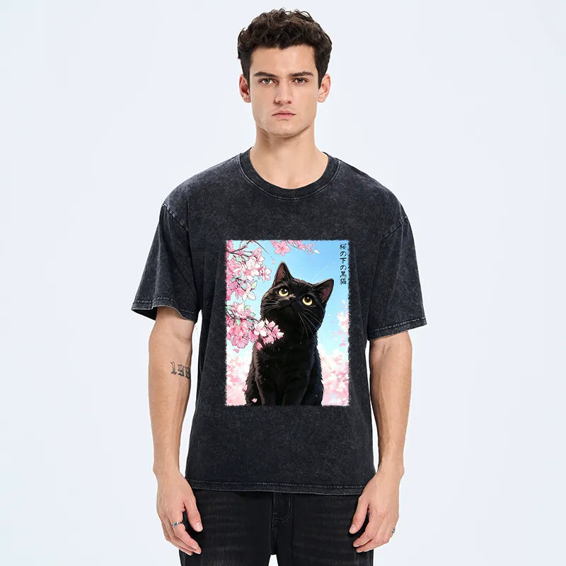 Kyoto-Lion Japanese Sakura Black Cat Washed T-Shirt