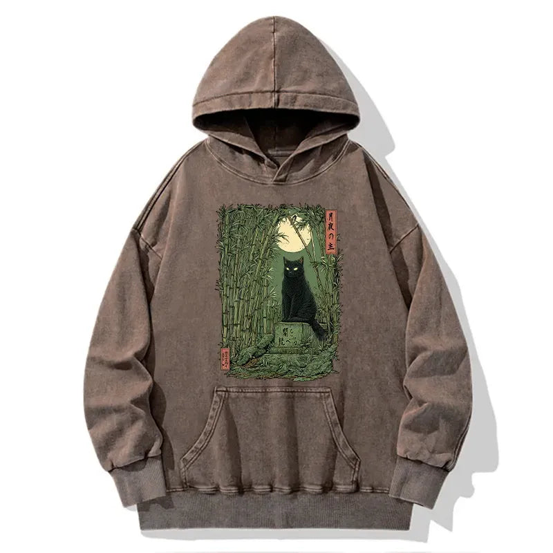 japanese vintage black cat hoodie for daily wear