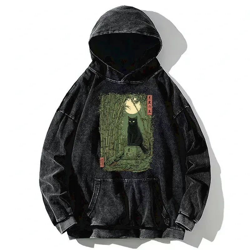 Kyoto-Lion Black Cat In The Bamboo Forest Washed Hoodie