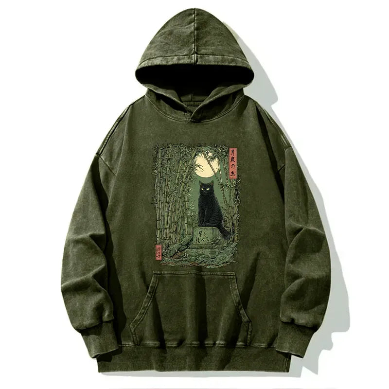 japanese vintage black cat hoodie for daily wear