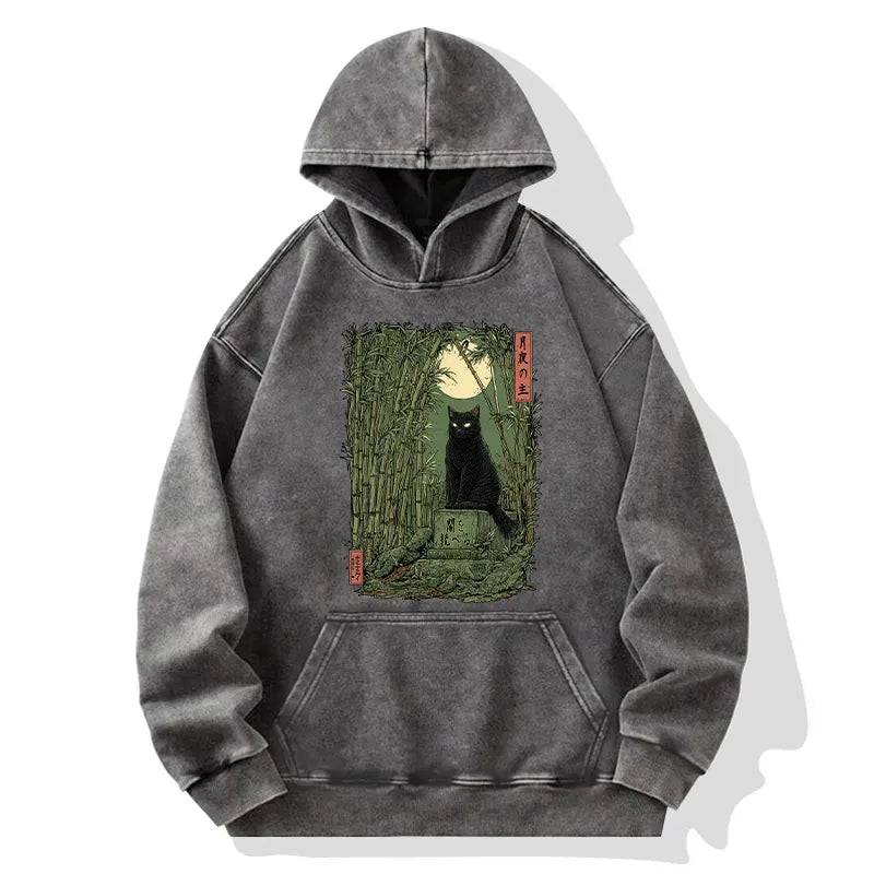 japanese vintage black cat hoodie for daily wear