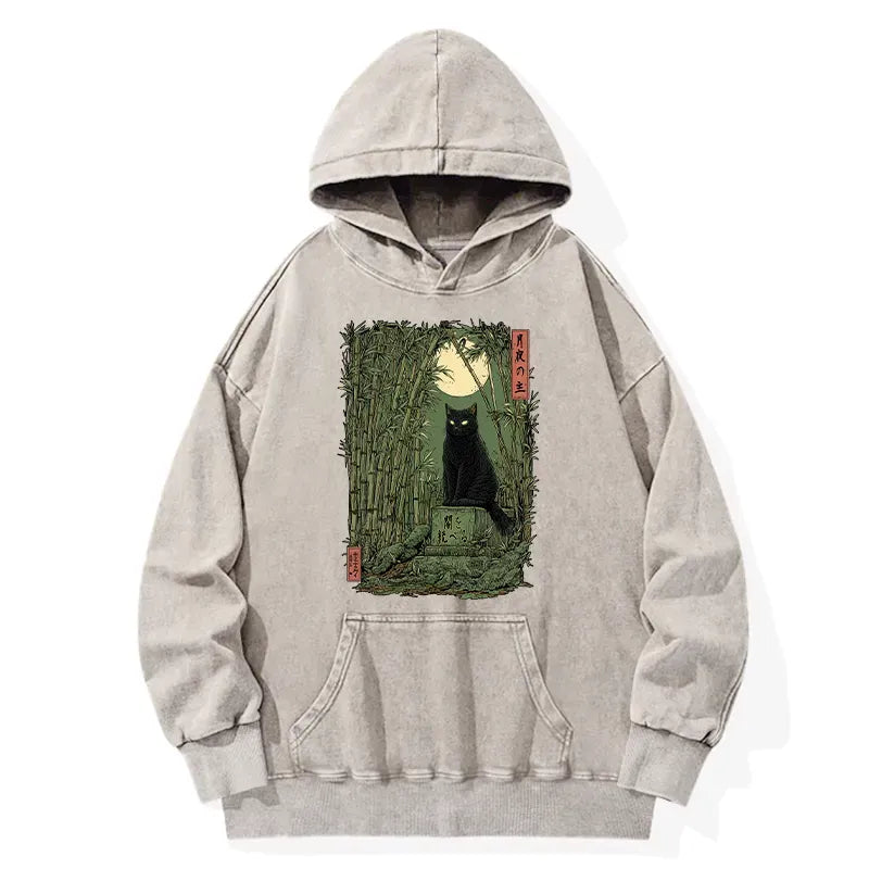 Kyoto-Lion Black Cat In The Bamboo Forest Washed Hoodie