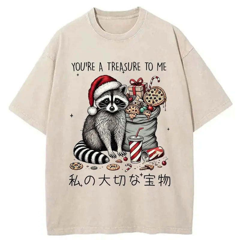 Kyoto-Lion Cute Raccoon Christmas Washed T-Shirt