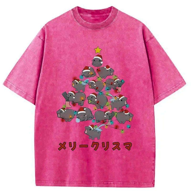 Kyoto-Lion Moo Deng Christmas Tree Japanese Washed T-Shirt
