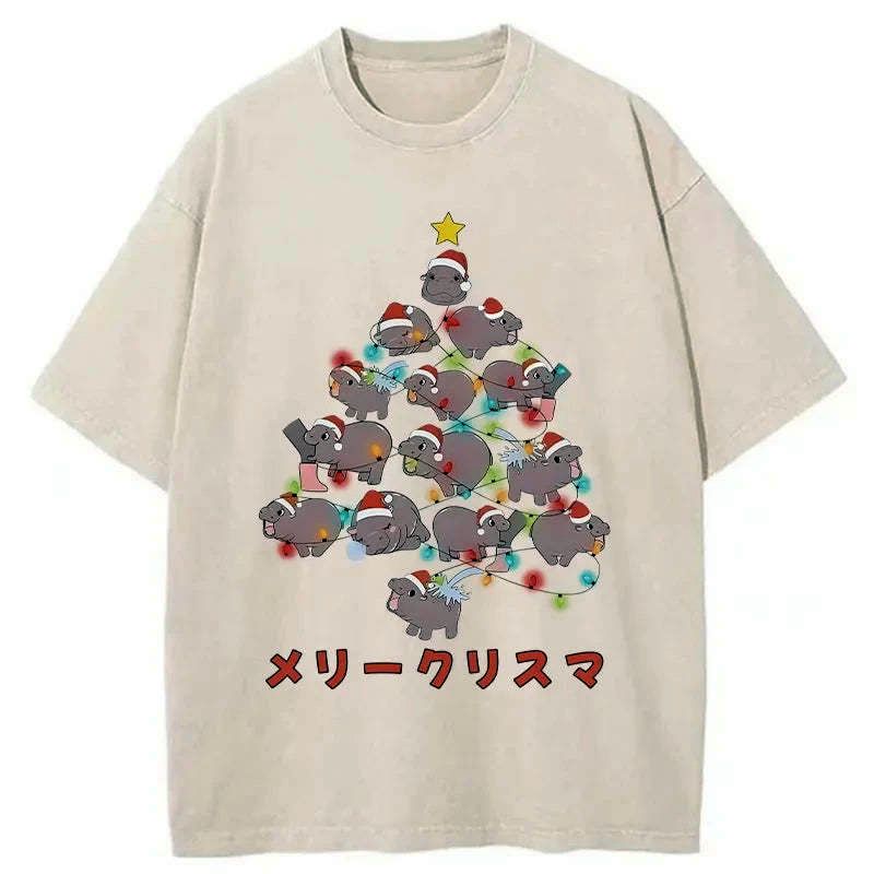 Kyoto-Lion Moo Deng Christmas Tree Japanese Washed T-Shirt