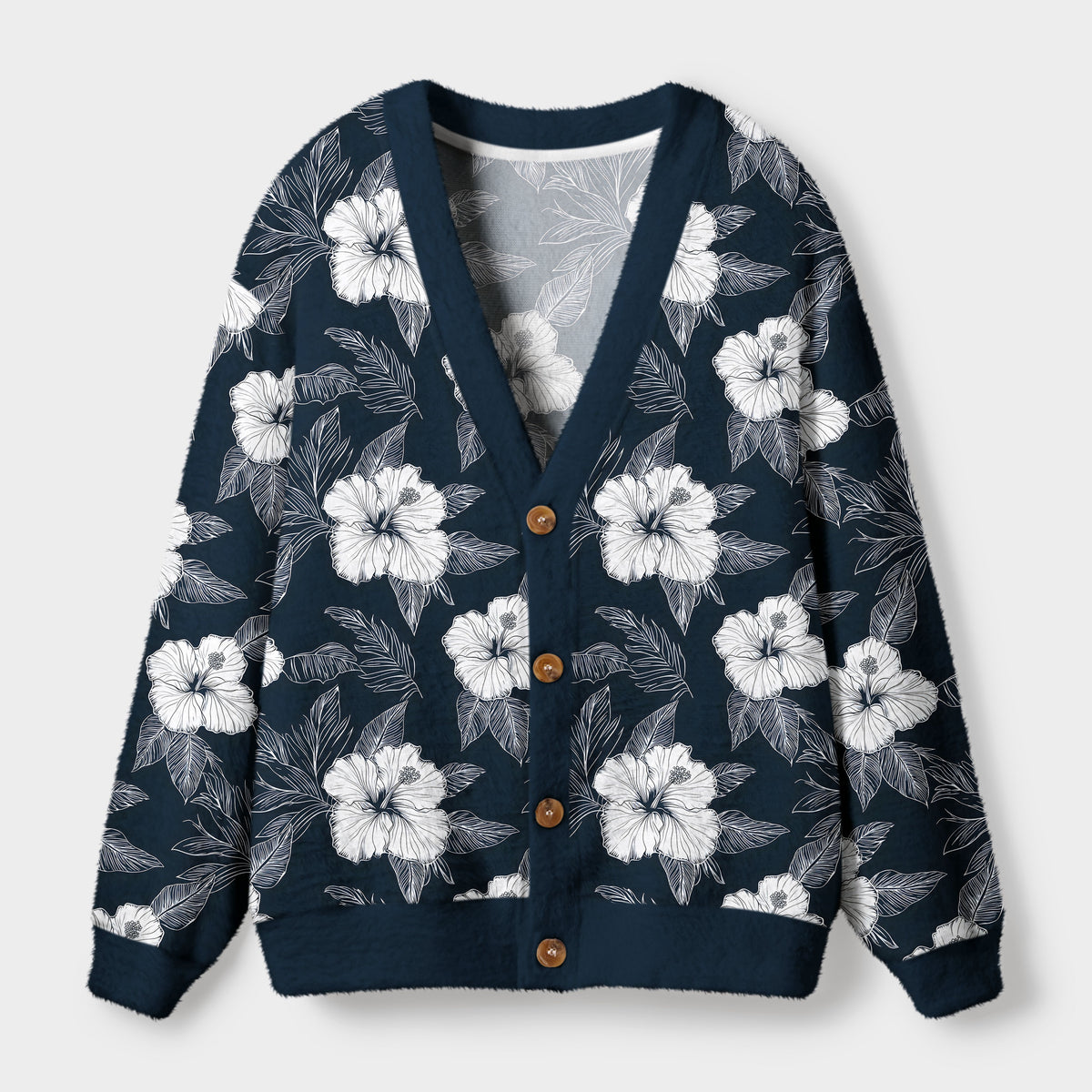 Kyoto-Lion Floral Leaf Silhouette Ugly Cardigan Sweater