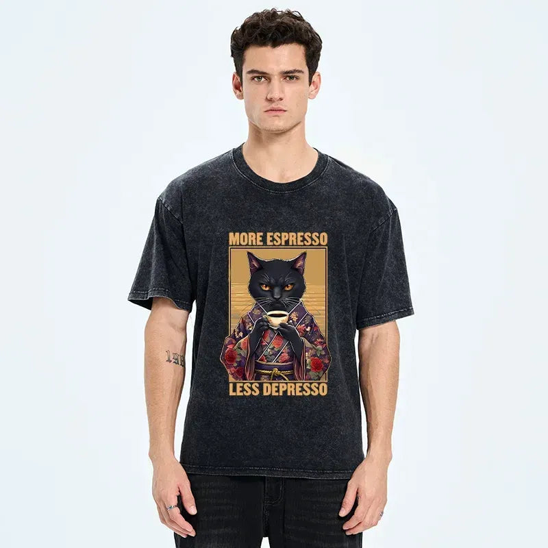 Kyoto-Lion More Espresso Less Depresso Funny Washed T-Shirt