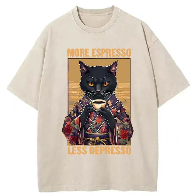 Kyoto-Lion More Espresso Less Depresso Funny Washed T-Shirt