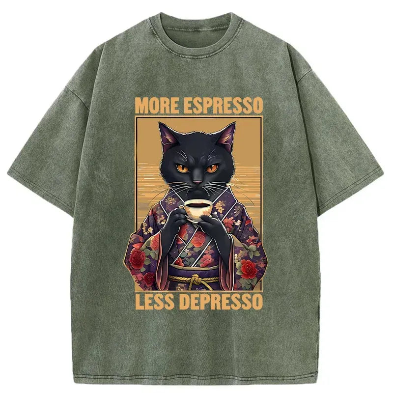 Kyoto-Lion More Espresso Less Depresso Funny Washed T-Shirt