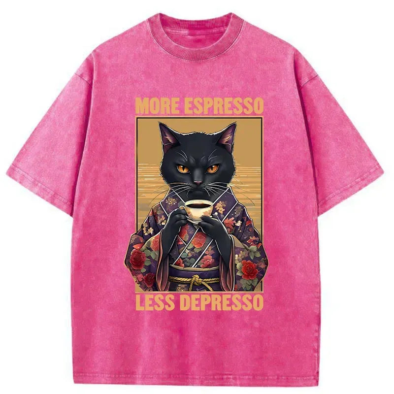 Kyoto-Lion More Espresso Less Depresso Funny Washed T-Shirt