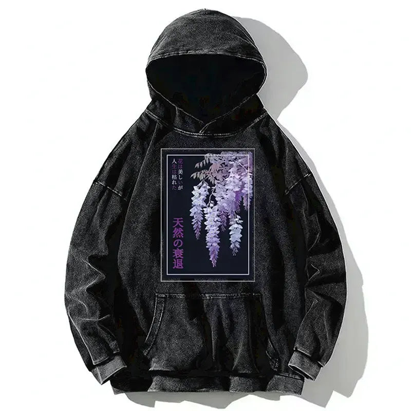 Washed Unisex Hoodie with Japanese Flowers