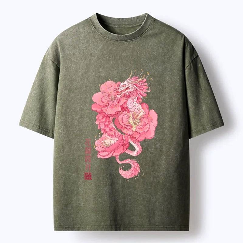 Kyoto-Lion Pink Flower Dragon Washed T-Shirt