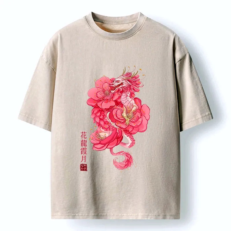 Kyoto-Lion Pink Flower Dragon Washed T-Shirt