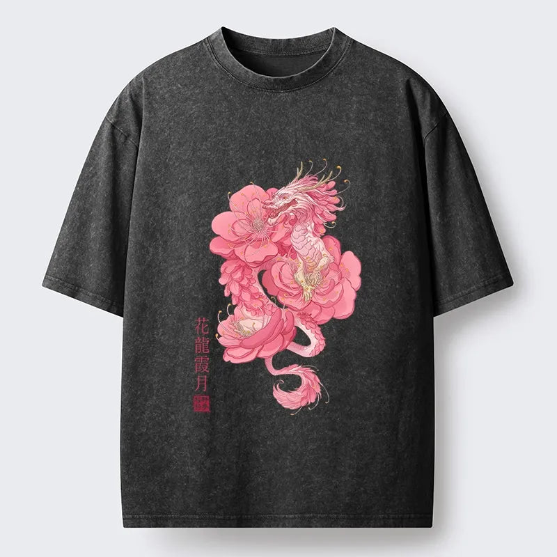 Kyoto-Lion Pink Flower Dragon Washed T-Shirt