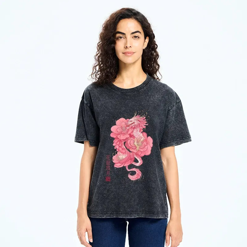 Kyoto-Lion Pink Flower Dragon Washed T-Shirt