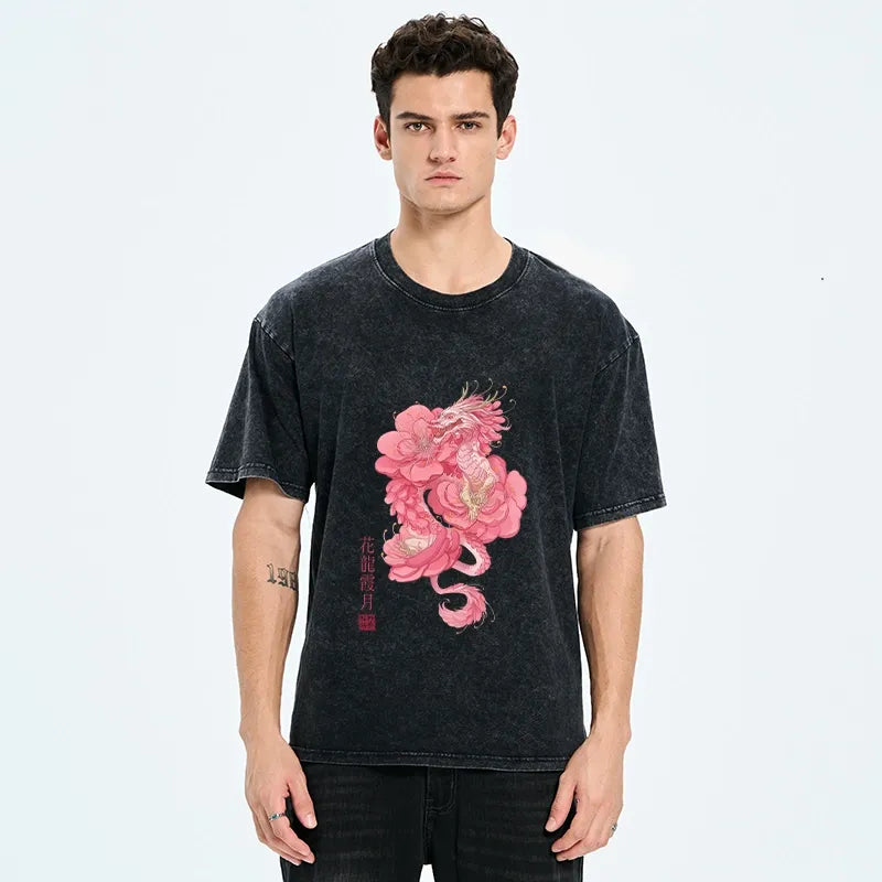 Kyoto-Lion Pink Flower Dragon Washed T-Shirt