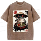 Kyoto-Lion Retro Frog Eating Ramen Noodles Washed T-Shirt
