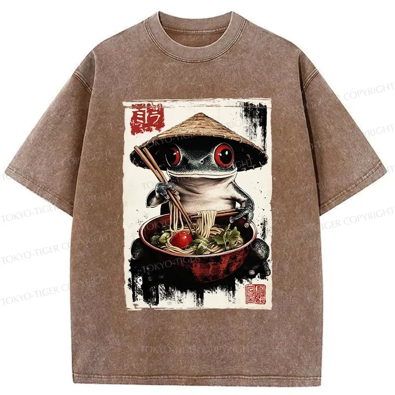 Kyoto-Lion Retro Frog Eating Ramen Noodles Washed T-Shirt