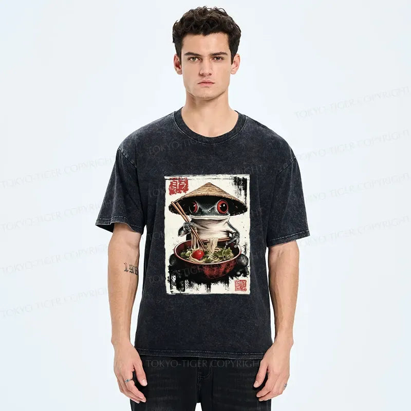 Kyoto-Lion Retro Frog Eating Ramen Noodles Washed T-Shirt