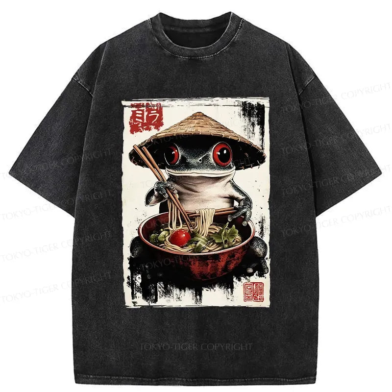 Kyoto-Lion Retro Frog Eating Ramen Noodles Washed T-Shirt