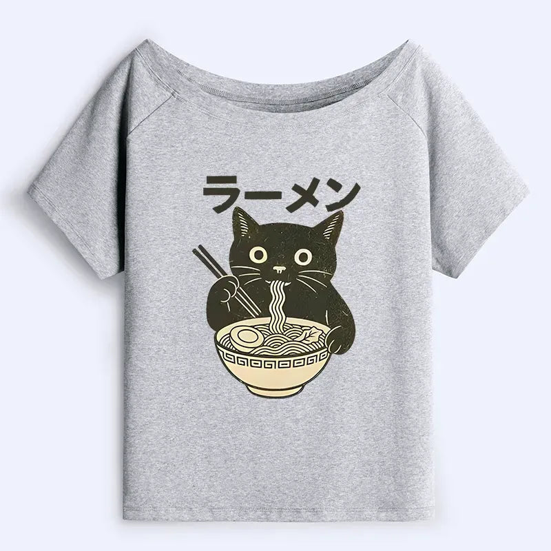 Kyoto-Lion Simple Black Cat Eating Ramen Off Shoulder T-Shirt