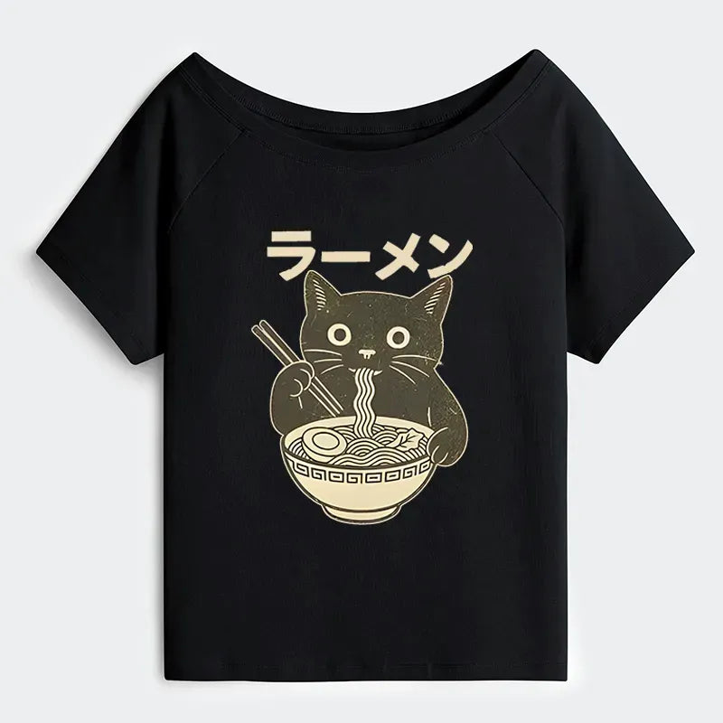 Japanese Black Cat Eating Ramen T-Shirt