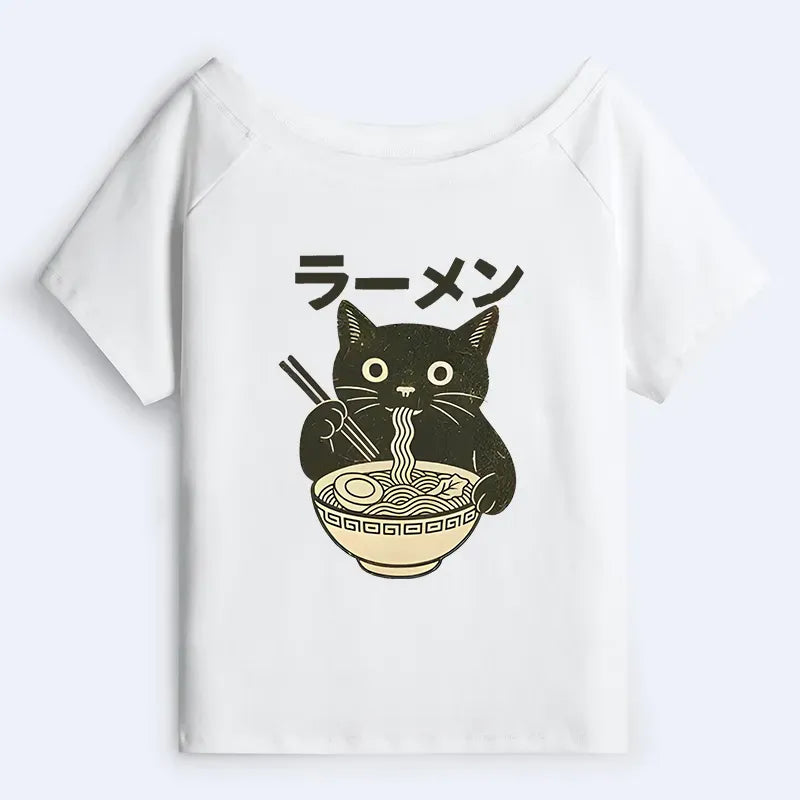 Kyoto-Lion Simple Black Cat Eating Ramen Off Shoulder T-Shirt