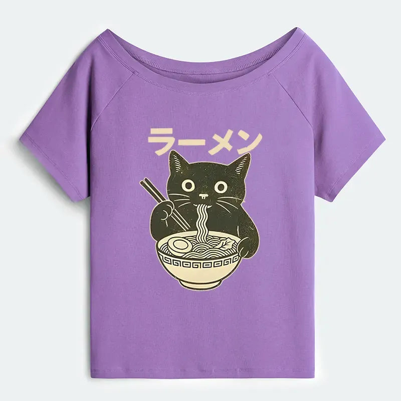 Off Shoulder Black Cat Ramen Shirt for Women