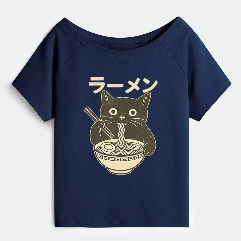 Kyoto-Lion Simple Black Cat Eating Ramen Off Shoulder T-Shirt