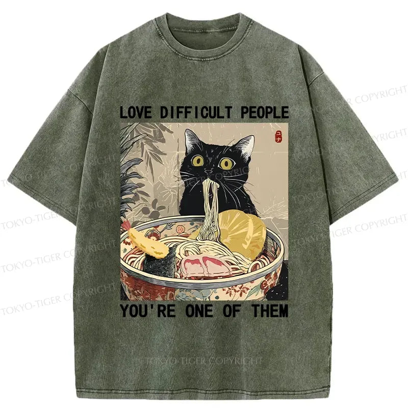 Kyoto-Lion Kawaii Cat Eating Ramen Washed T-Shirt