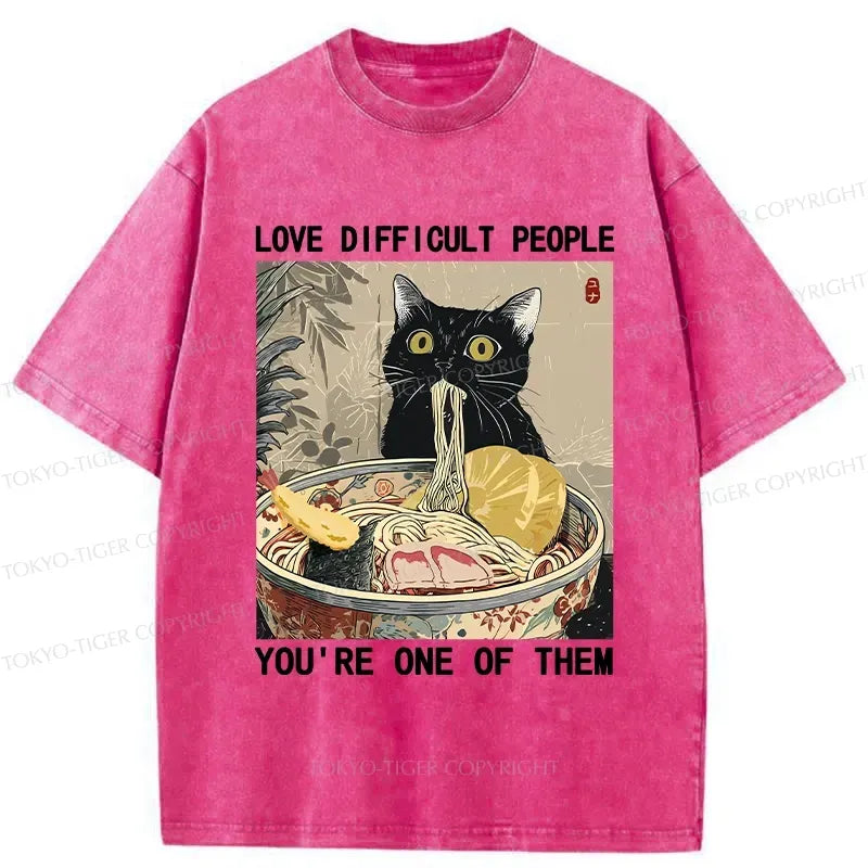 Kyoto-Lion Kawaii Cat Eating Ramen Washed T-Shirt