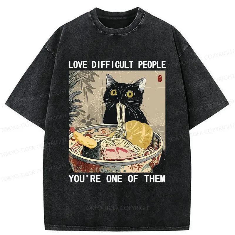 Kawaii Cat Eating Ramen Washed Tee