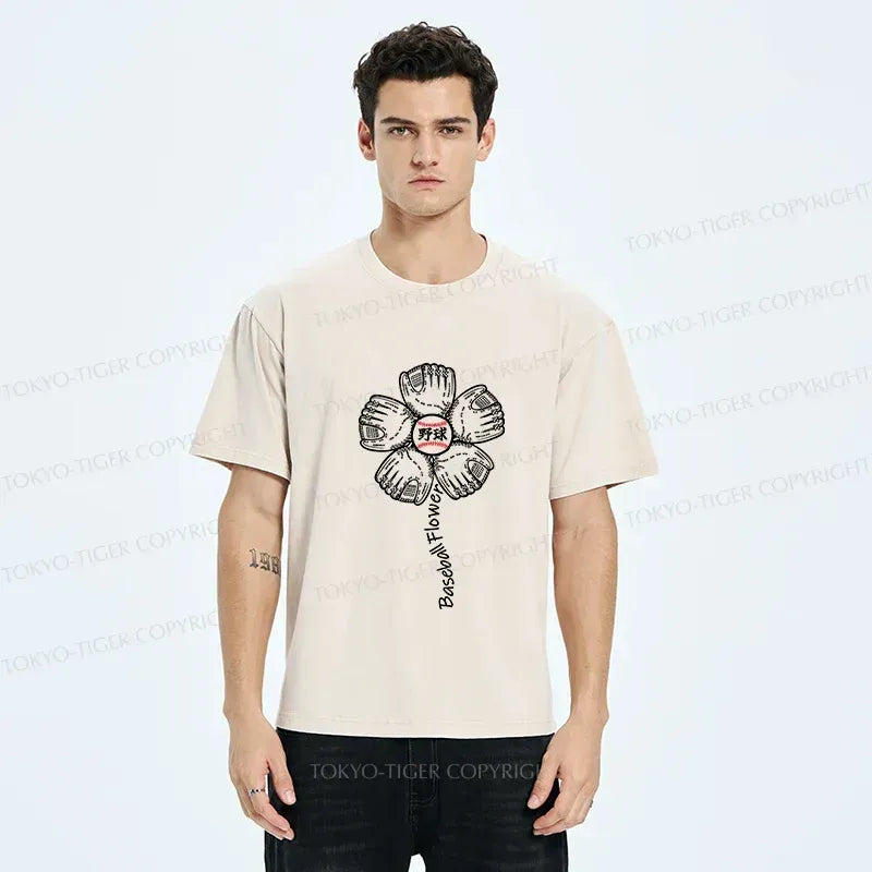Kyoto-Lion Baseball Flower Washed T-Shirt