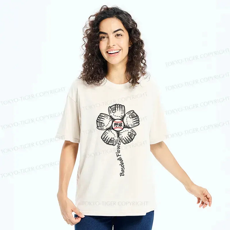 Japanese Flower Washed T-Shirt for Summer