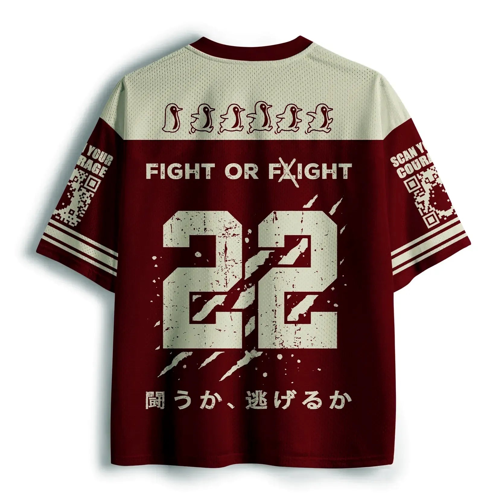 Kyoto-Lion Cute Woodblock Penguin:Fight Or Flight Mesh Jersey