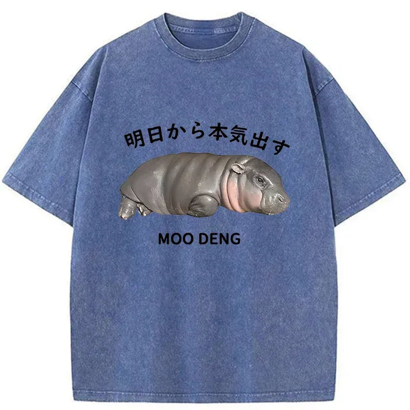 lazy moo deng washed t shirt for streetwear
