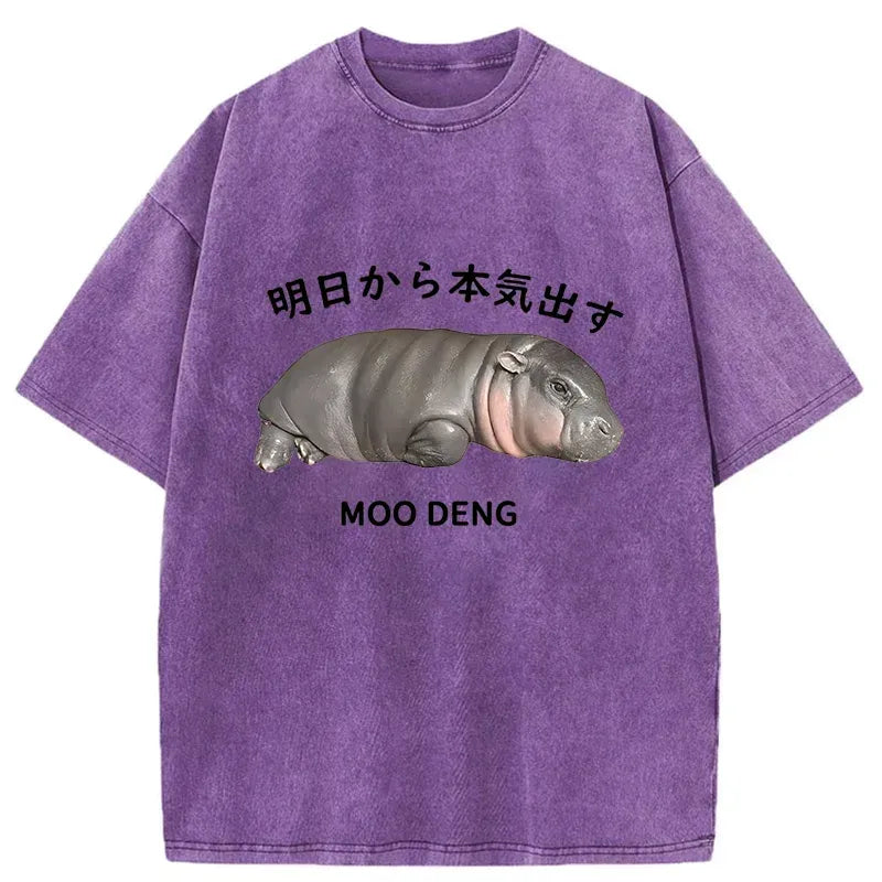 Kyoto-Lion Lazy Moo Deng Washed T-Shirt