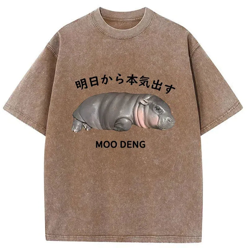lazy moo deng washed t shirt for streetwear