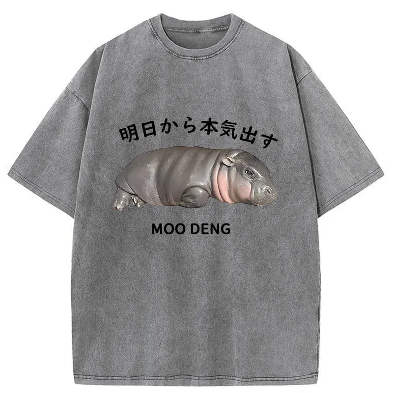 lazy moo deng washed t shirt for streetwear
