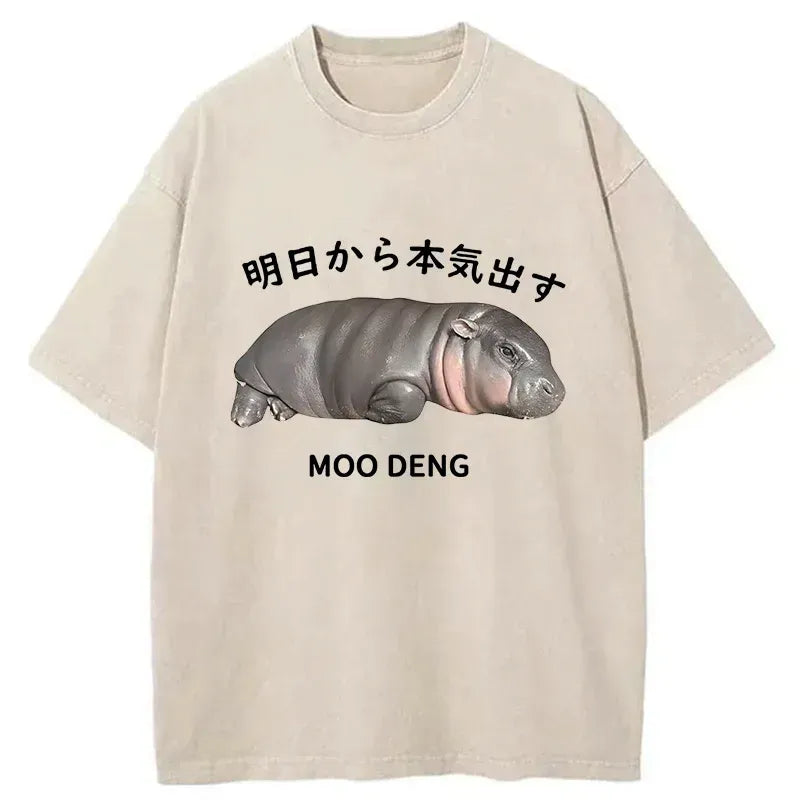 Kyoto-Lion Lazy Moo Deng Washed T-Shirt