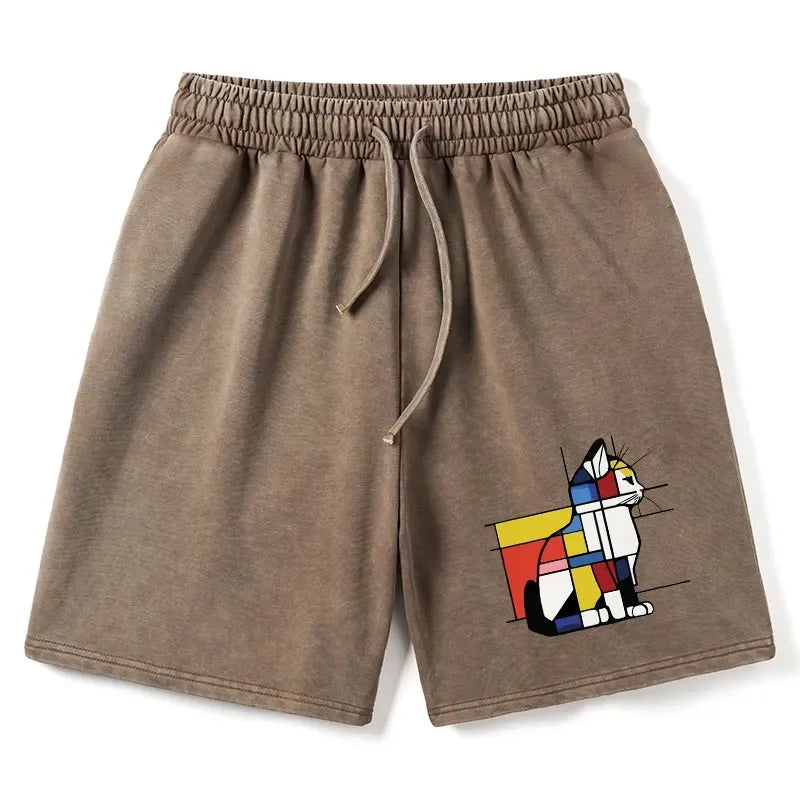 Kyoto-Lion Geometric Cat Art In Primary Colors Washed Shorts