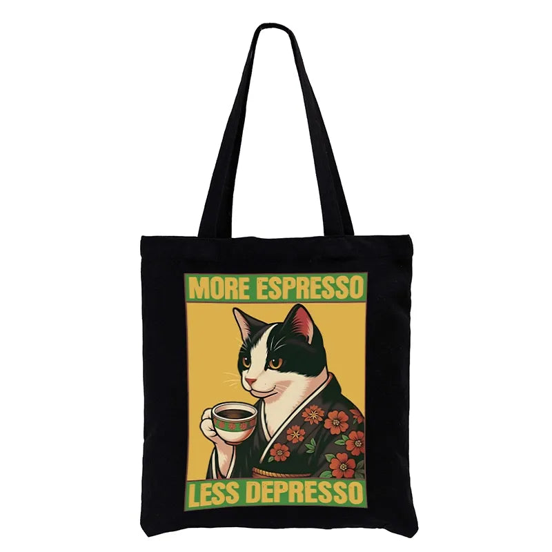 Kyoto-Lion Tuxedo Cat Drinking Coffee Tote Bag