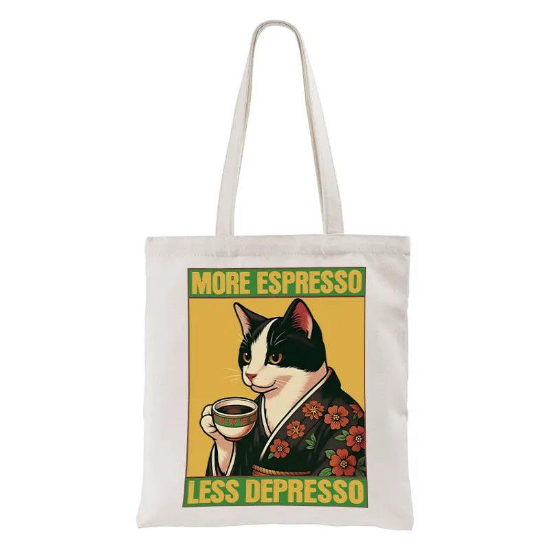 Kyoto-Lion Tuxedo Cat Drinking Coffee Tote Bag