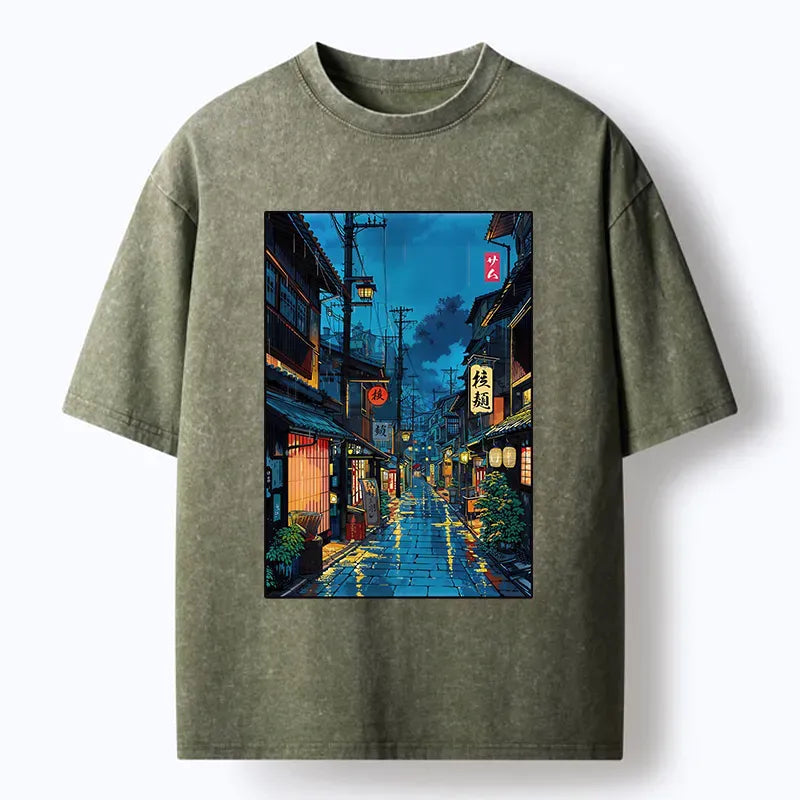 Japanese Teahouse Street Scene Washed T-Shirt