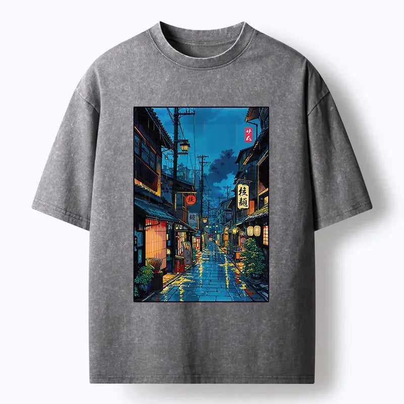 Japanese Teahouse Street Scene Washed T-Shirt