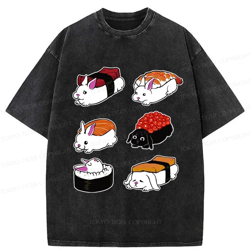 Kyoto-Lion Cute Rabbit Sushi Washed T-Shirt