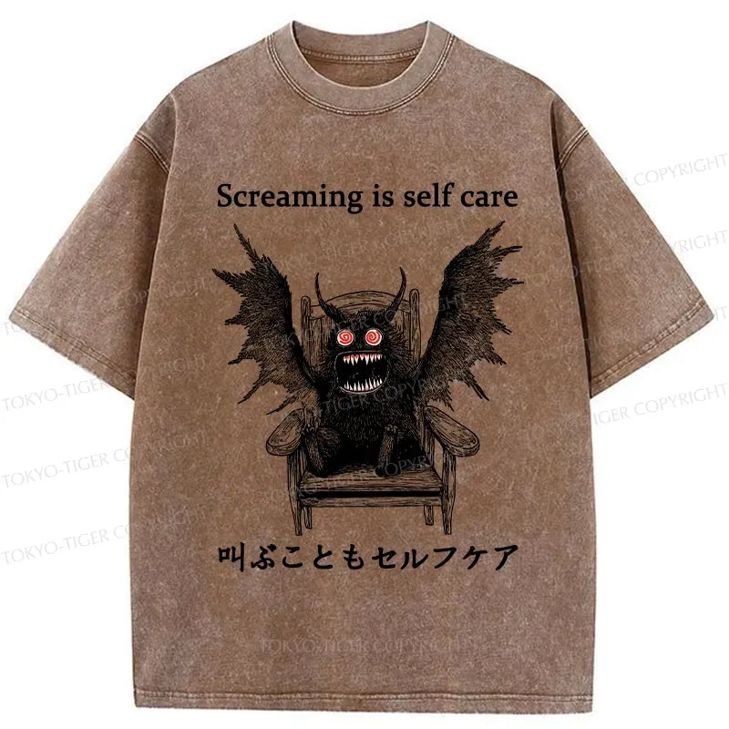 Kyoto-Lion Screaming Is Self Care Washed T-Shirt