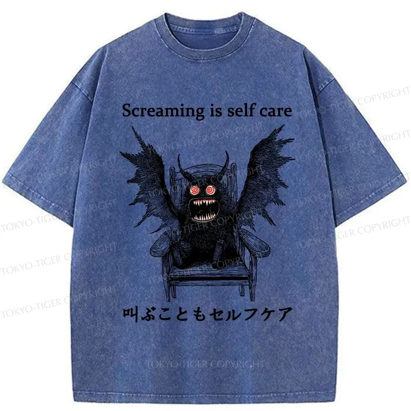 Kyoto-Lion Screaming Is Self Care Washed T-Shirt